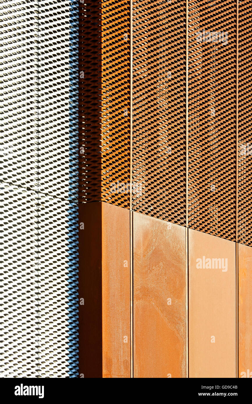 Steel paneling of exterior facade. Hebburn Central, Hebburn, United Kingdom. Architect: Faulkner Browns, 2016. Stock Photo