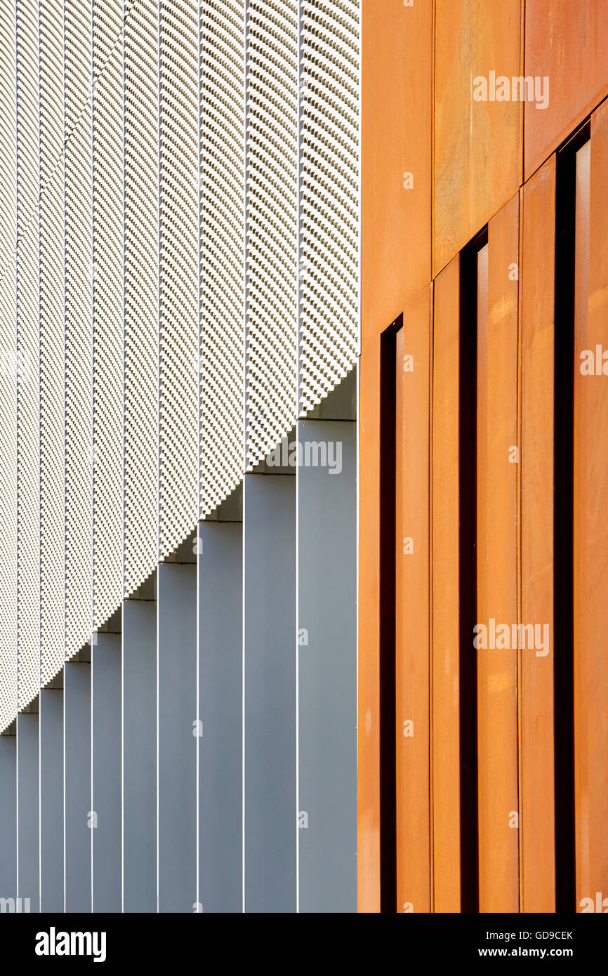 Detail of steel frame and paneling. Hebburn Central, Hebburn, United Kingdom. Architect: Faulkner Browns, 2016. Stock Photo