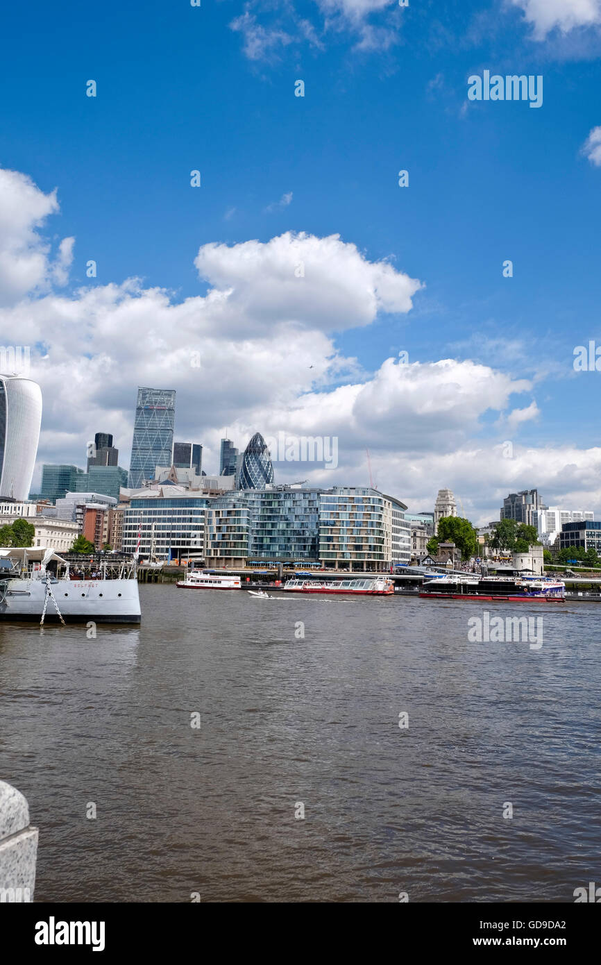 The CBD of London viewed across the Thames from the South Bank with 'The Gerkin' 'Walkie Taklie' and 'The Cheese Grater' London landmarks prominent Stock Photo