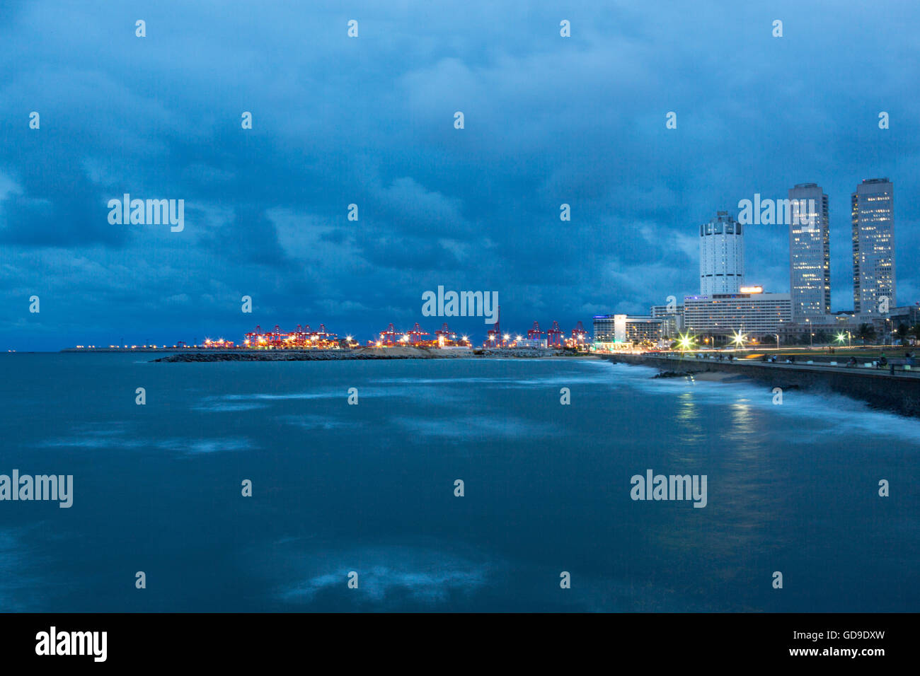 Long exposure photograph of Colombo, Sri Lanka on an evening in rainy season. Shot from the pier in Galle Face Green. Stock Photo