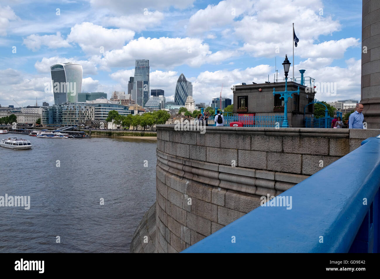The London skyline with 'The Walkie Talkie' 'The Gherkin' and 'The Cheese Grater' London landmark taken from Tower Bridge London over the Thames River Stock Photo