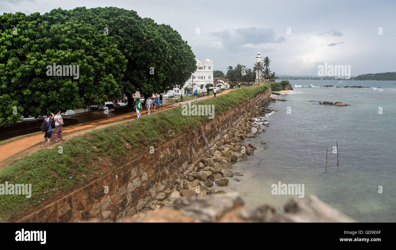 view of wall walkway and lighthouse, Galle, Sri Lanka Stock Photo