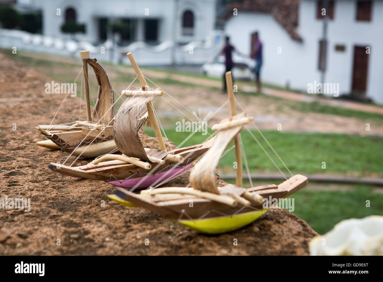 model boats on sale on wall in Galle, Sri Lanka Stock Photo