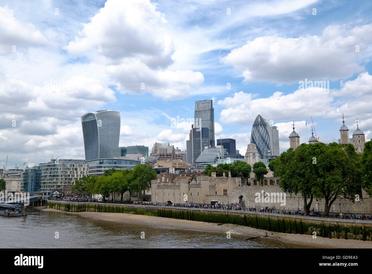 The London skyline with 'The Walkie Talkie' 'The Gherkin' and 'The Cheese Grater' London landmark taken from Tower Bridge London over the Thames River Stock Photo