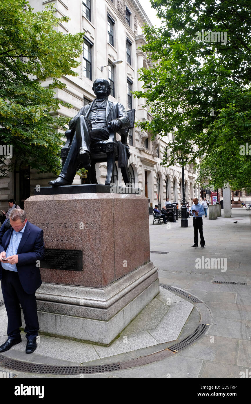 London, United Kingdom. A statue of George Peabody London Stock Photo
