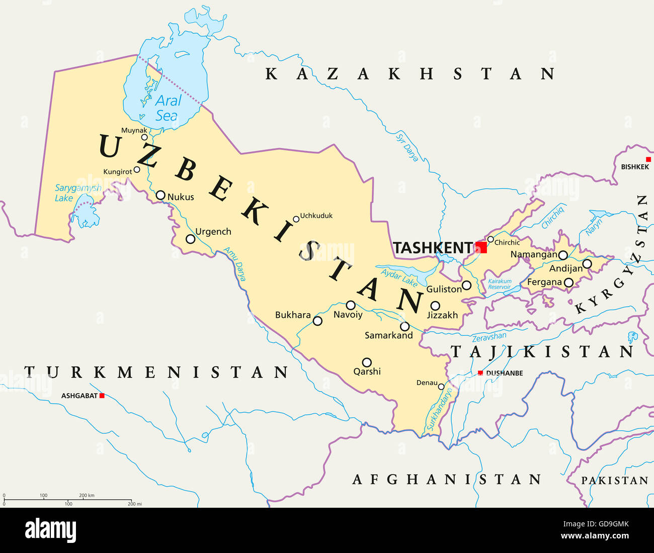 Uzbekistan political map with capital Tashkent, national borders, important cities, rivers and lakes. Country in Central Asia. Stock Photo