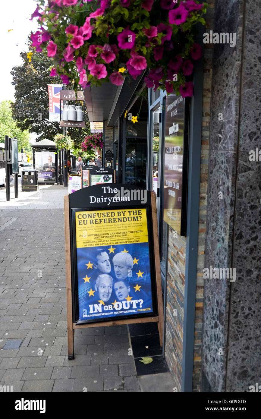 A referendum poster outside a dairyman retail store on a High Street in Brentwood Essex England Stock Photo