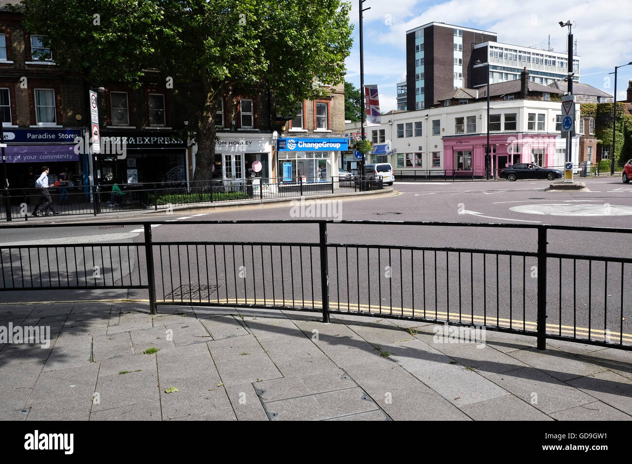 A turning circle or roundabout on the High Street of Brentwood Essex England a small British town. Stock Photo