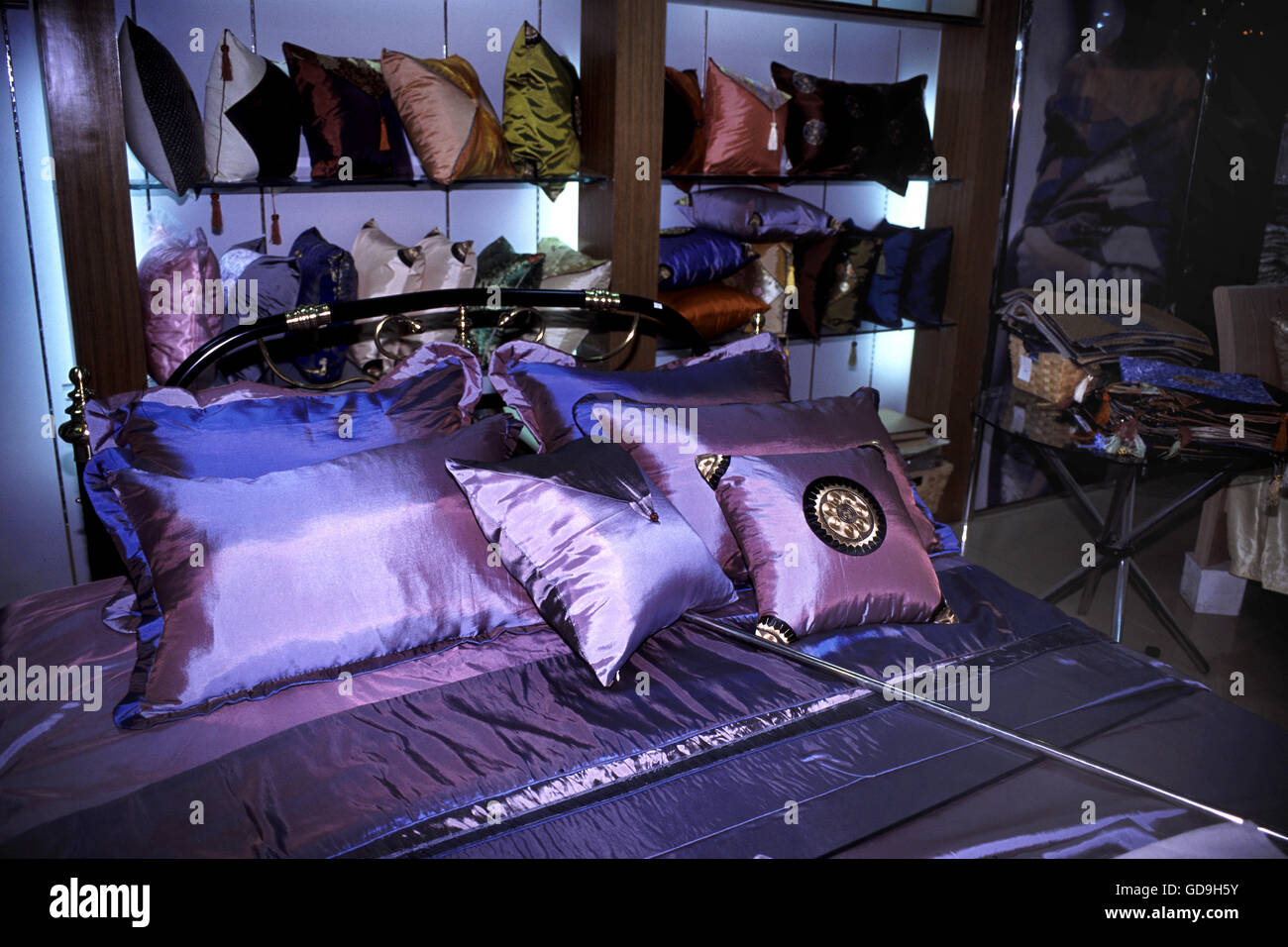 Bedding and silk linen at the Jiangan Silk Factory in Beijing, China. Stock Photo