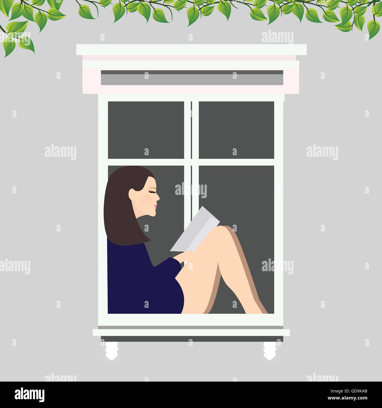 girl reading book sitting at the window illustration Stock Vector Image ...