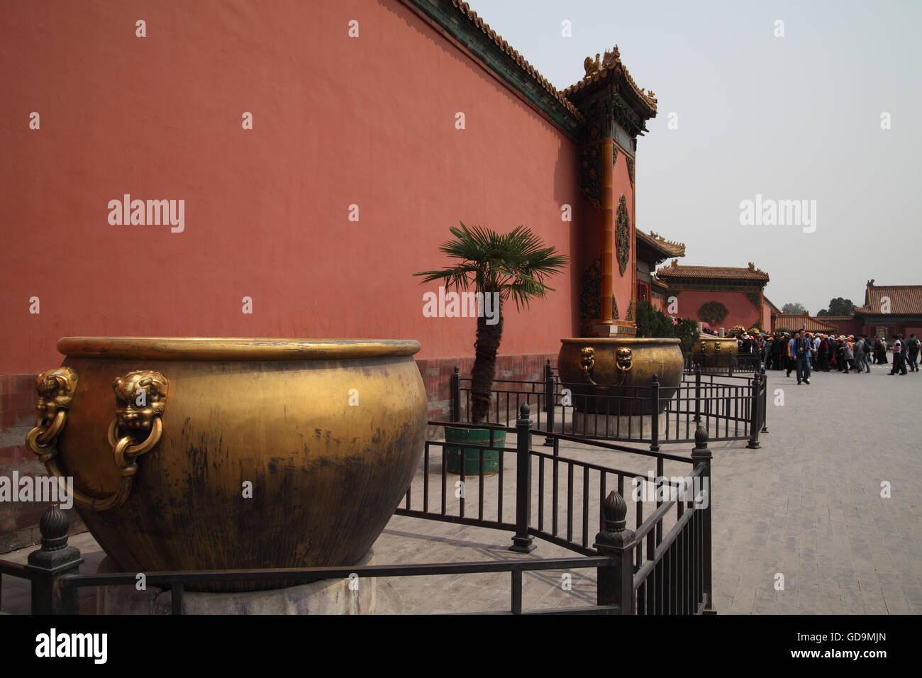These pots were filled with water to put out fires in the Forbidden City, in winters they were heated so water would not freeze. Beijing, China. Stock Photo