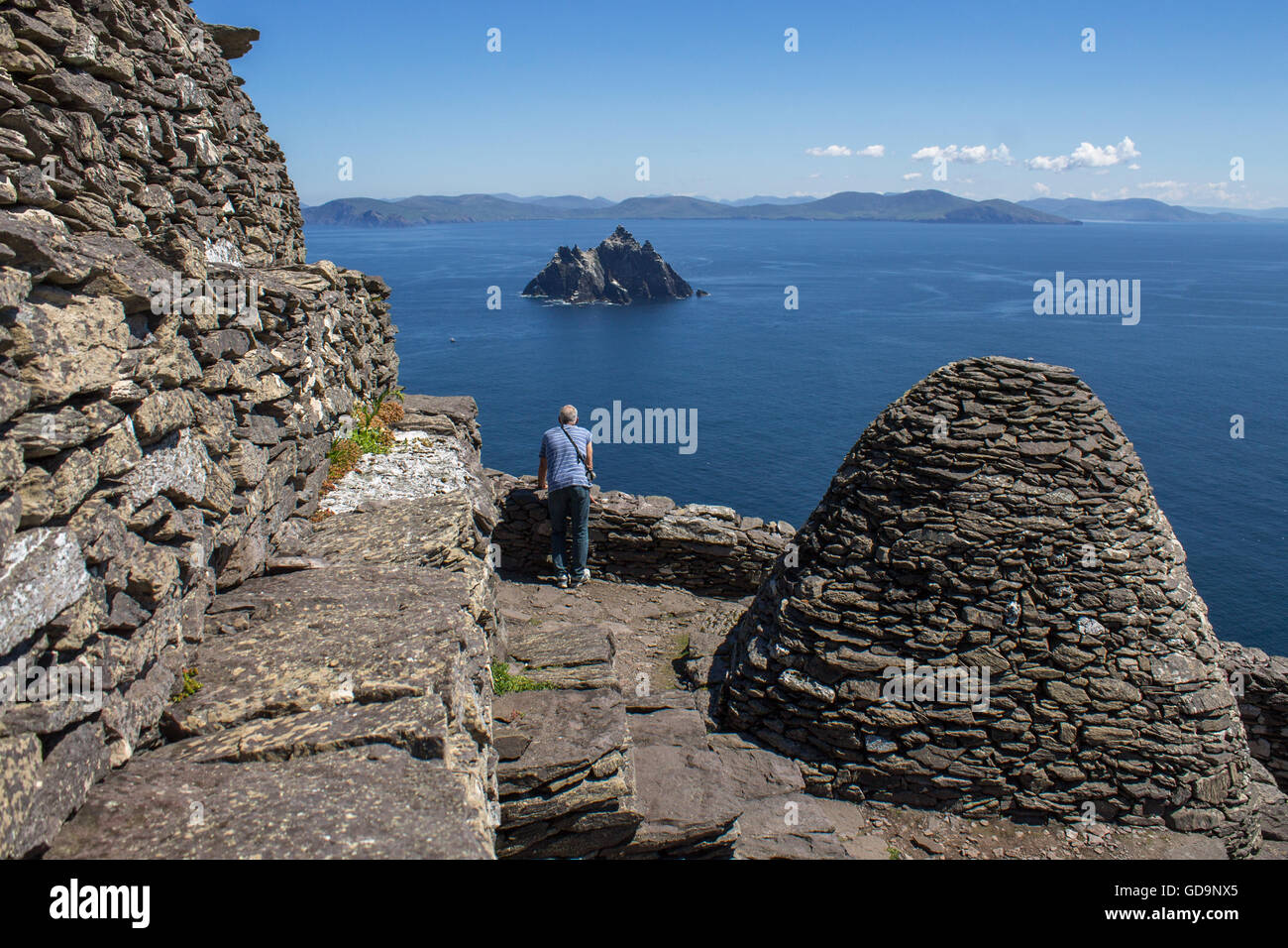 Ancient celtic beehive hut monastery on Skellig Michael, County Kerry, Star Wars movie setting and UNESCO heritage. Stock Photo