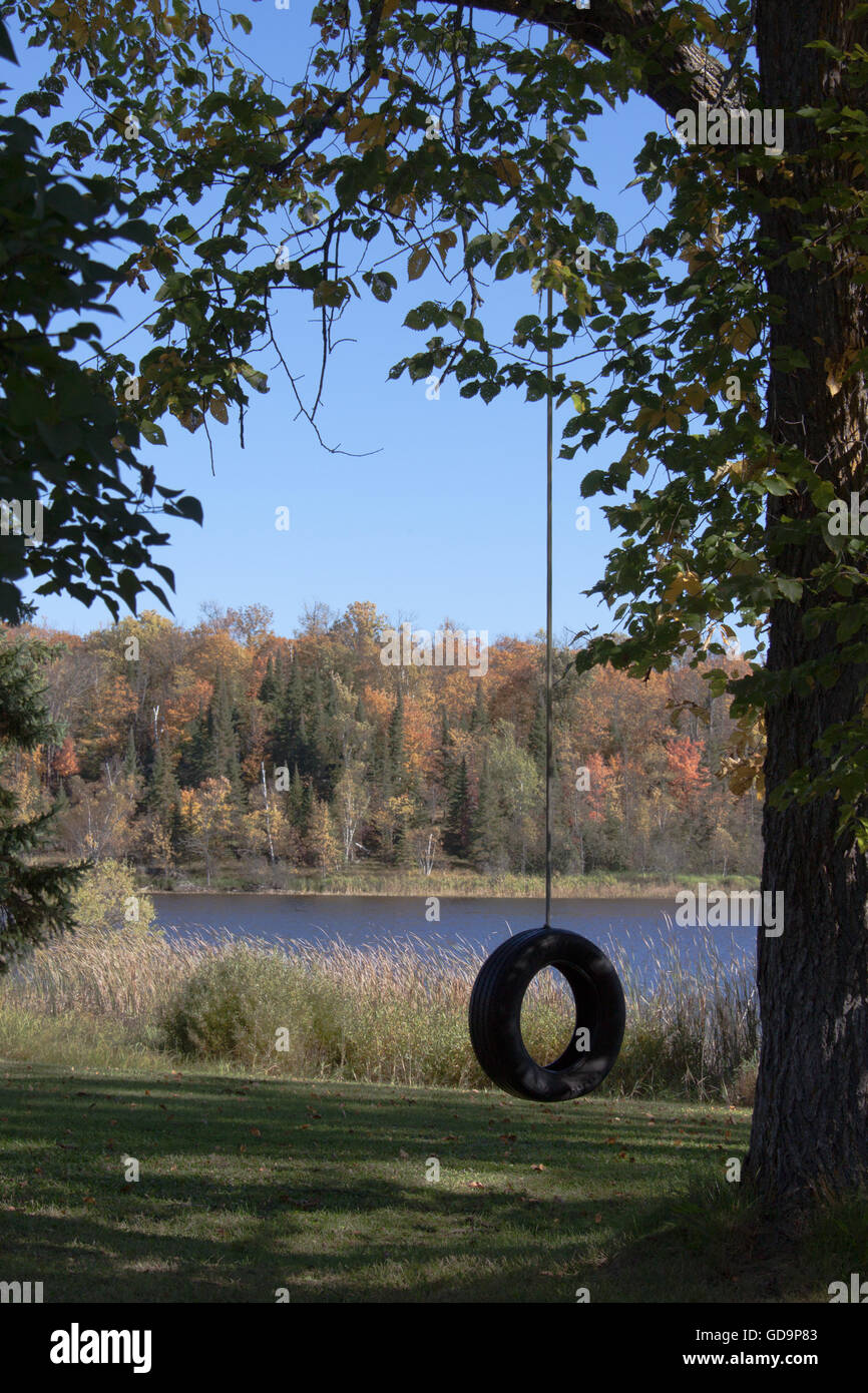 tire swing at Lake Rabideau, Black Duck, Minnesota, USA Stock Photo