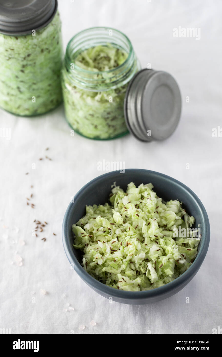 Bowl and Jars of Sauerkraut Stock Photo Alamy