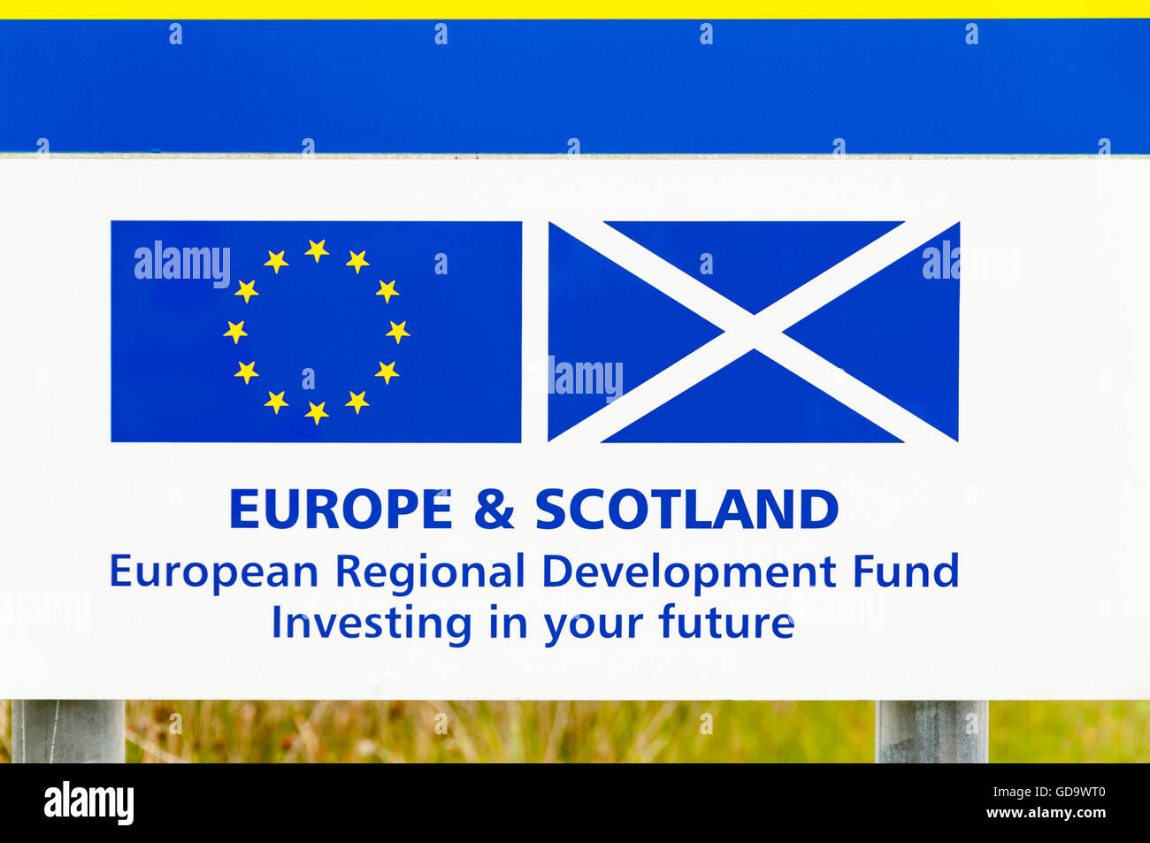 A sign for the European Regional Development Fund on EU funded improvements to A859 on the Isle of Harris in the Outer Hebrides.  Displays EU insignia. Stock Photo
