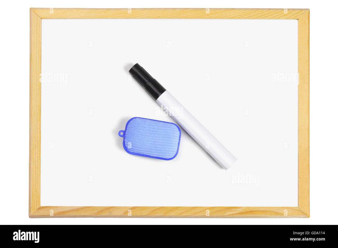 Marker Pen and Eraser Lying on Small White Board Stock Photo