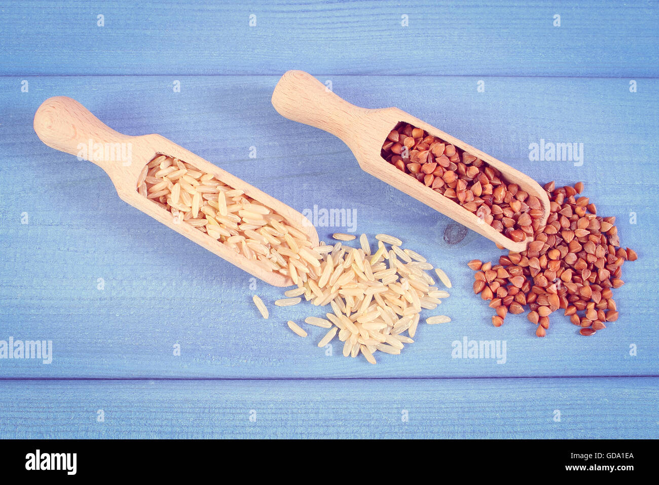 Buchaware Rice Vintage photo, Brown rice and buckwheat on wooden spoon containing ...
