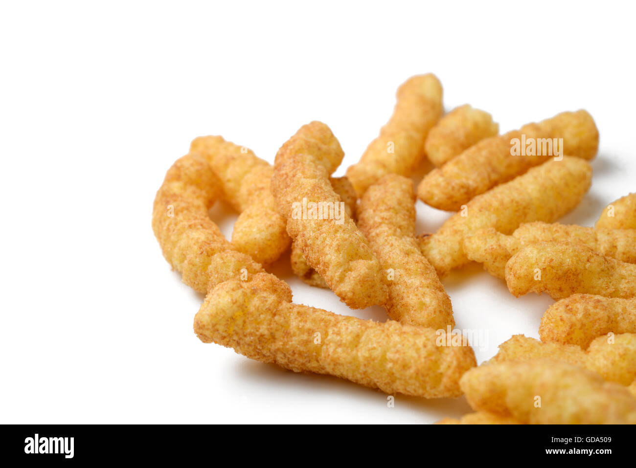 Delicious crispy Cheese ball in paper bucket isolated on white background, Cheese  ball or cheesy puffs on white With clipping path. Stock Photo