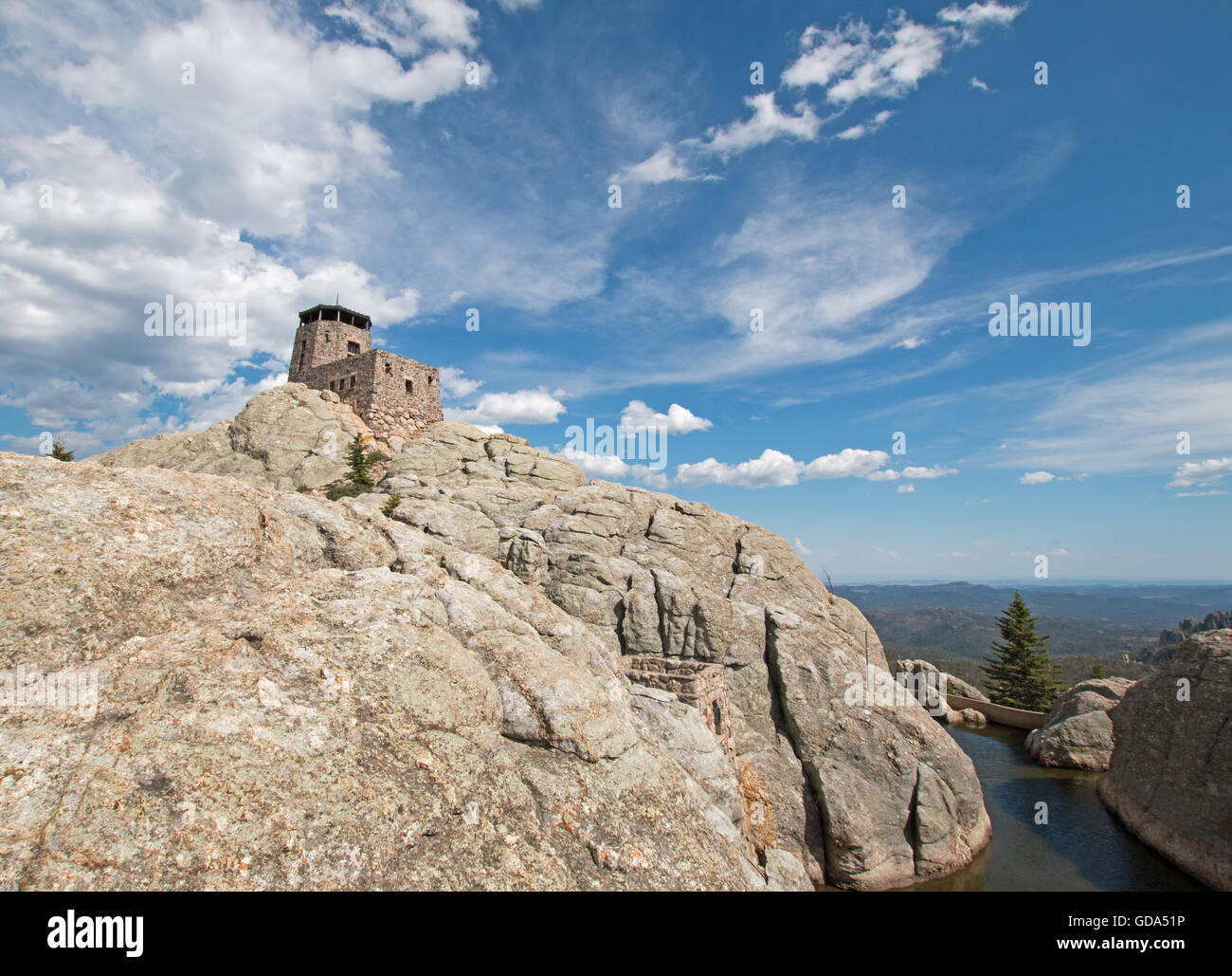 Harney Peak Fire Lookout Tower With Small Dam And Pump House In Custer