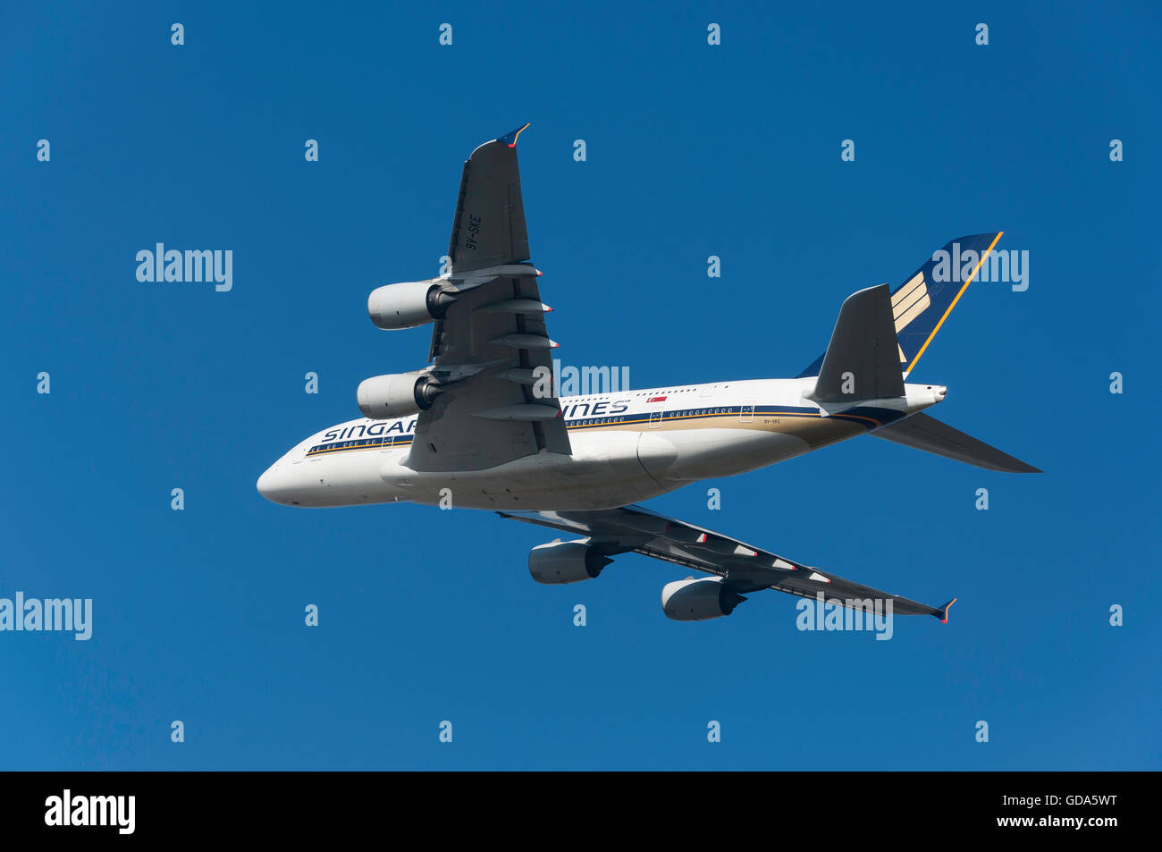 Singapore Airlines Airbus A380 taking off from Heathrow Airport, Greater London, England, United Kingdom Stock Photo
