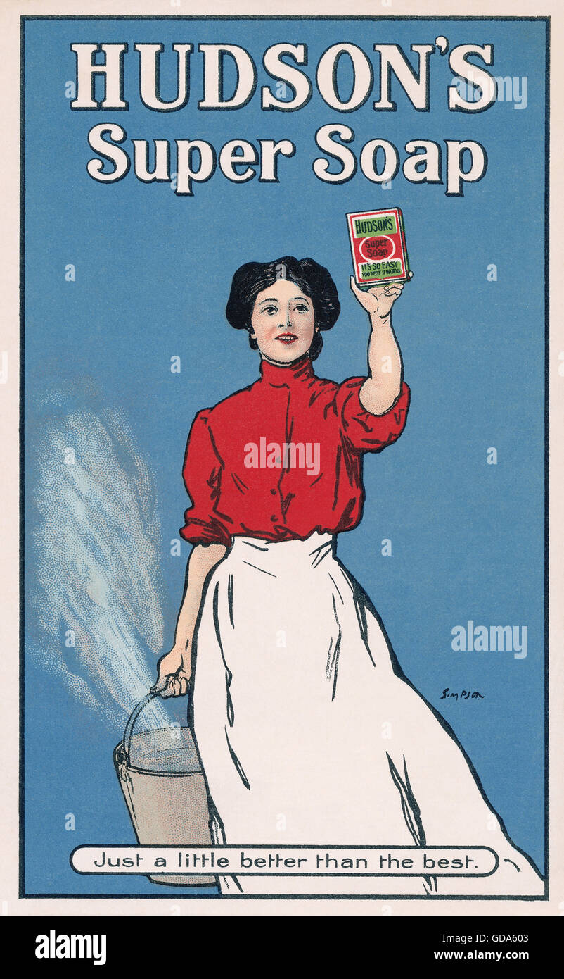 Colour Victorian leaflet adverting Hudson's Super Soap, showing a woman holding a bucket of steaming water and a packet of soap Stock Photo