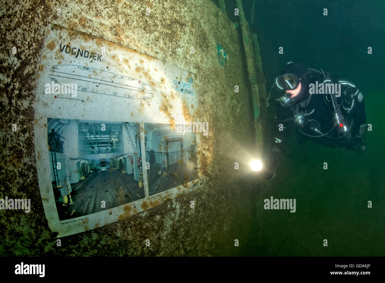 Scuba Diver at Car Deck of Aerosund Wreck, Svendborg, Funen, Denmark Stock Photo