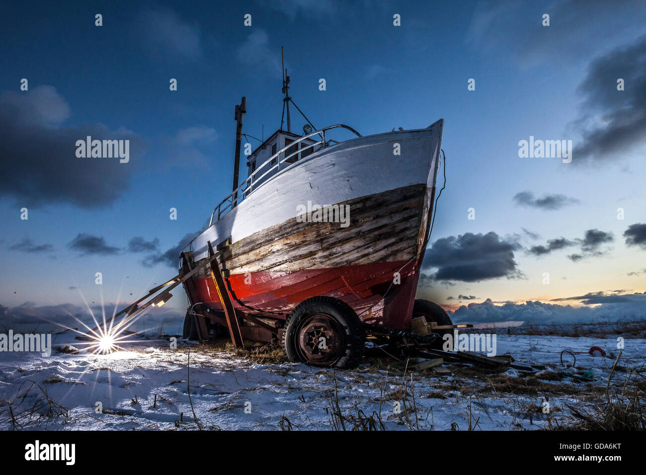 Boat standing on land, Vesteralen, Norway Stock Photo