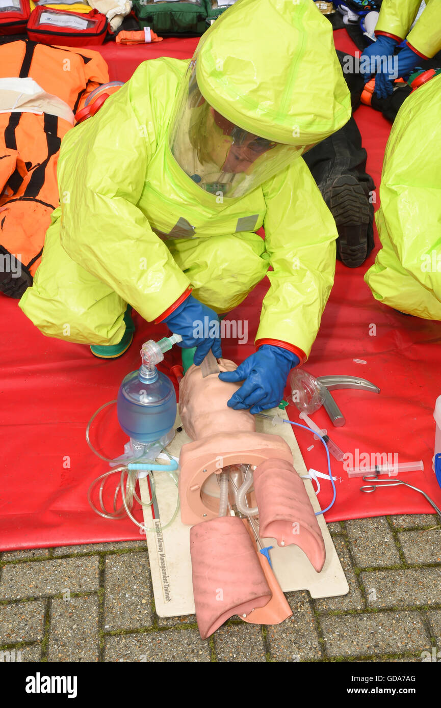 medical training wearing CBRN chemical protective suit Stock Photo