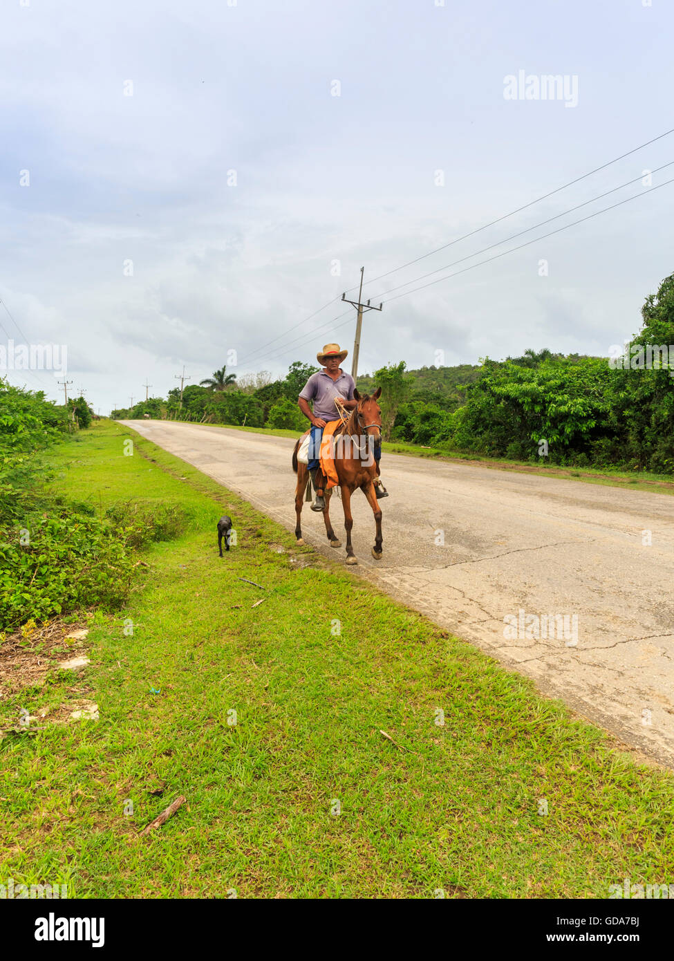 Cuban farmer riding a horse along a rural road near Trinidad, Sancti Spiritus, Cuba Stock Photo