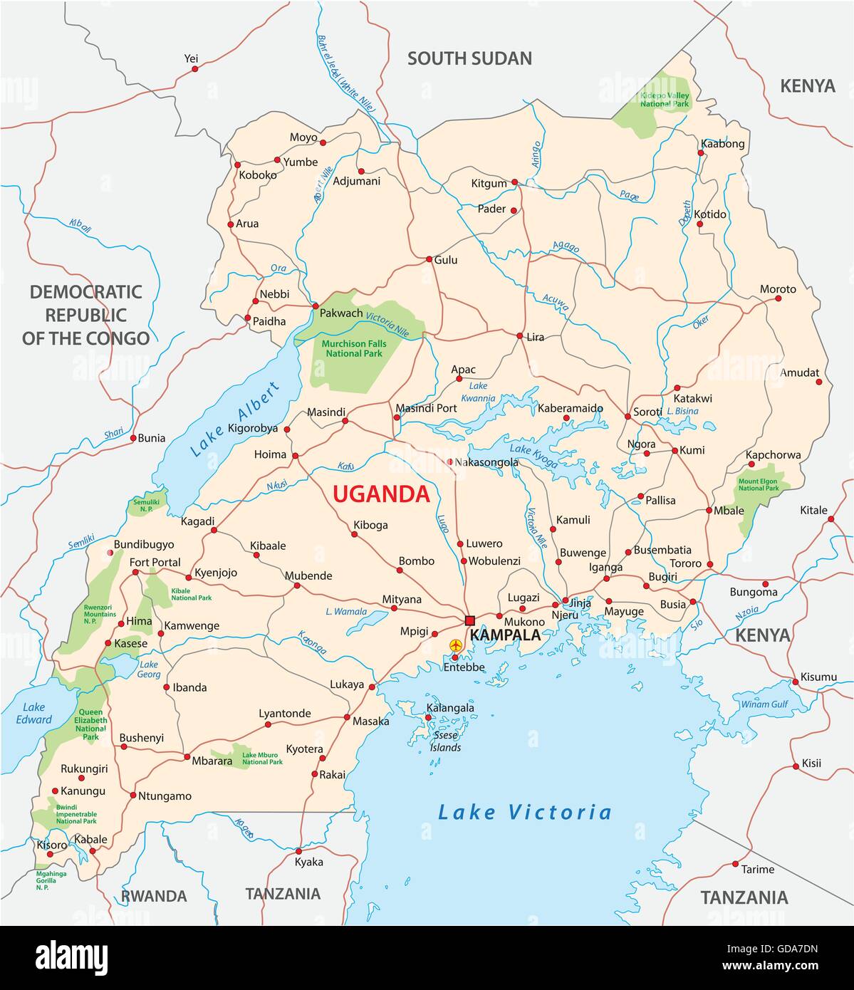 detailed vector street map of republic uganda Stock Vector