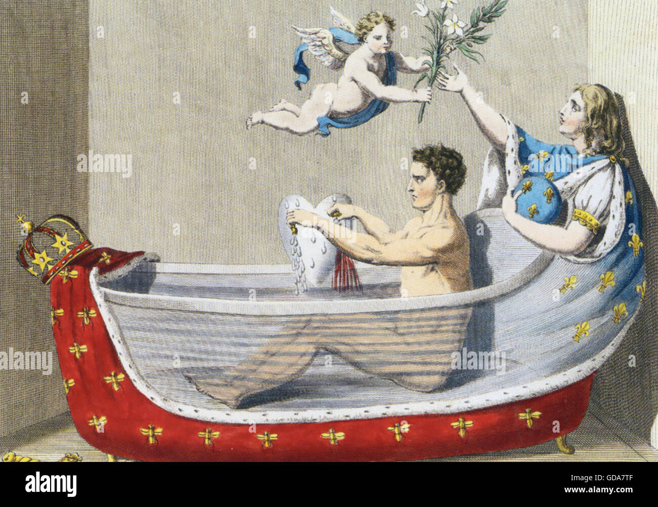 NAPOLEON AU BAIN  Satirical cartoon showing Napoleon's indifference to the sufferings of the French people to whom a cherub is offering the flowers of Peace. Stock Photo