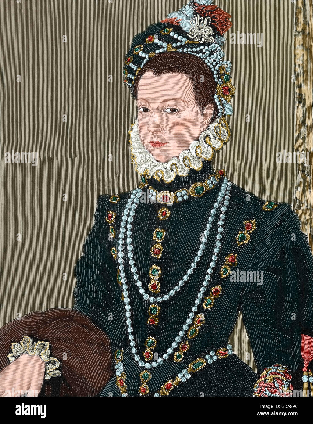Elisabeth of Valois (1545-1568). Spanish queen consort. The eldest daughter of Henry II of France and Catherine de' Medici. Third wife of the king Philip II of Spain. Portrait. Engraving. Colored. Stock Photo