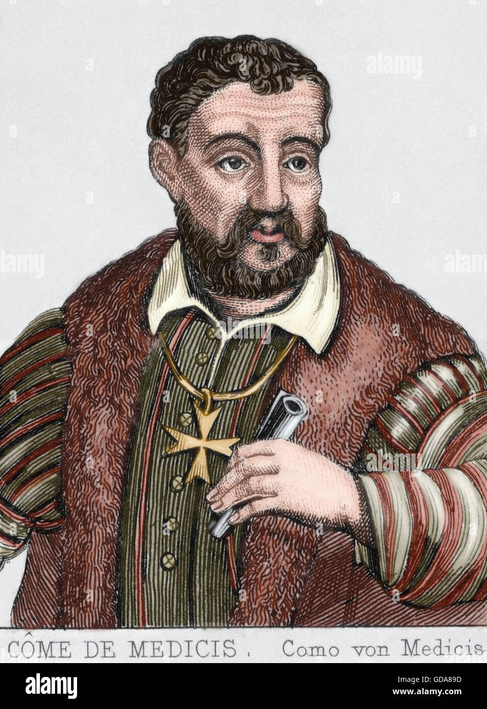Cosimo I de Medici (1519-1574). Grand Duke of Tuscany and Duke of Florence. Portrait. Engraving. Colored. Stock Photo