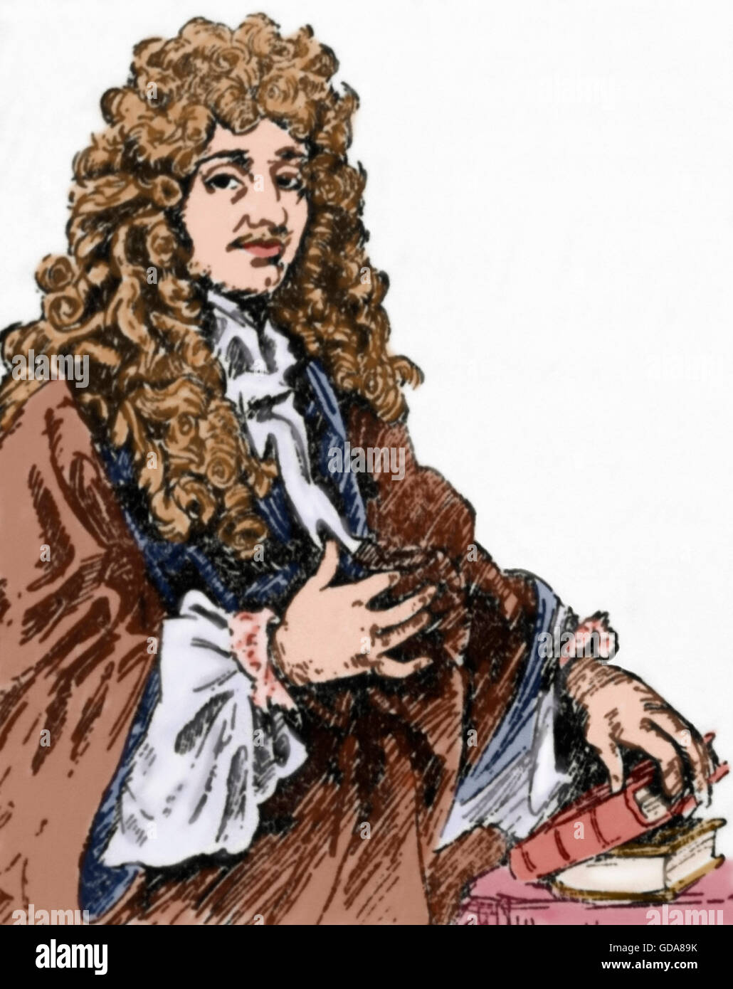 Christiaan Huygens (1629-1695). Dutch mathematician and scientist. He is known particularly as an astronomer, physicist, probabilist and horologist. Portrait. Engraving. Colored. Stock Photo