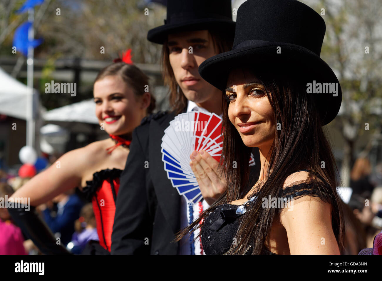 Sydney, Australia. 14th July, 2016. Performers for the Bleu Blanc Rouge Festival which kicked off in Sydney to celebrate French National Day also called “Bastille Day”. Australia and New Zealand will be France's guests of honour at this year's Bastille Day celebrations in Paris in recognition of their sacrifice in the 1916 Battle of the Somme, with troops from Australian and New Zealand taking part in the traditional parade down the Champs Elysees. Credit:  Hugh Peterswald/Pacific Press/Alamy Live News Stock Photo
