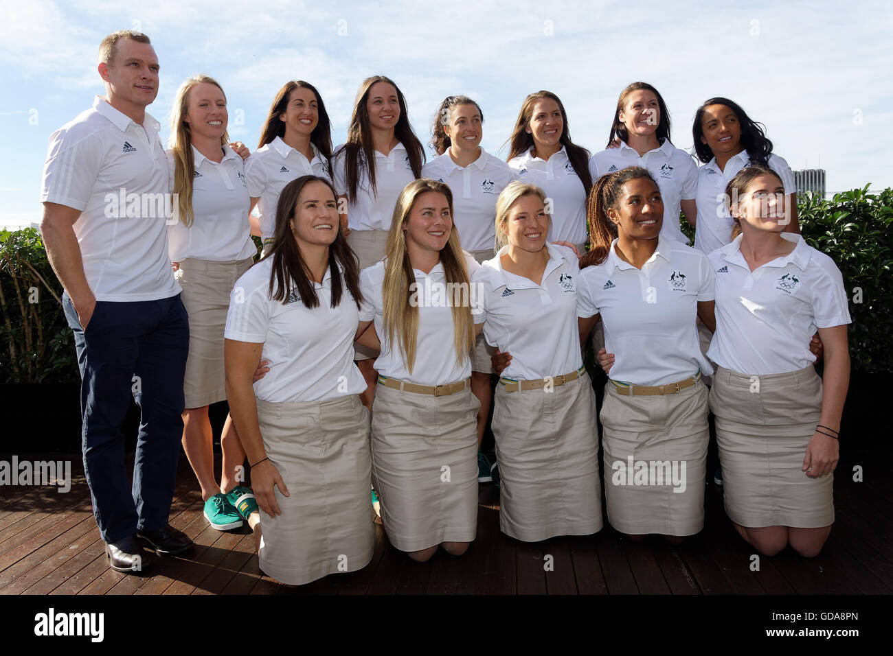 Sydney, Australia. 14th July, 2016. (Top L to R) Coach Tim Walsh, Gemma Etheridge, Alicia Quirk, Chloe Dalton, Emilee Cherry, Evania Pelite, Sharni Williams (co-capt) and Amy Turner, and (bottom L to R) Shannon Parry (co-capt), Nicole Beck, Emma Tonegato, Ellia Green, and Charlotte Caslick pose for a team photograph at the Museum of Contemporary Arts in Sydney. Credit:  Hugh Peterswald/Pacific Press/Alamy Live News Stock Photo