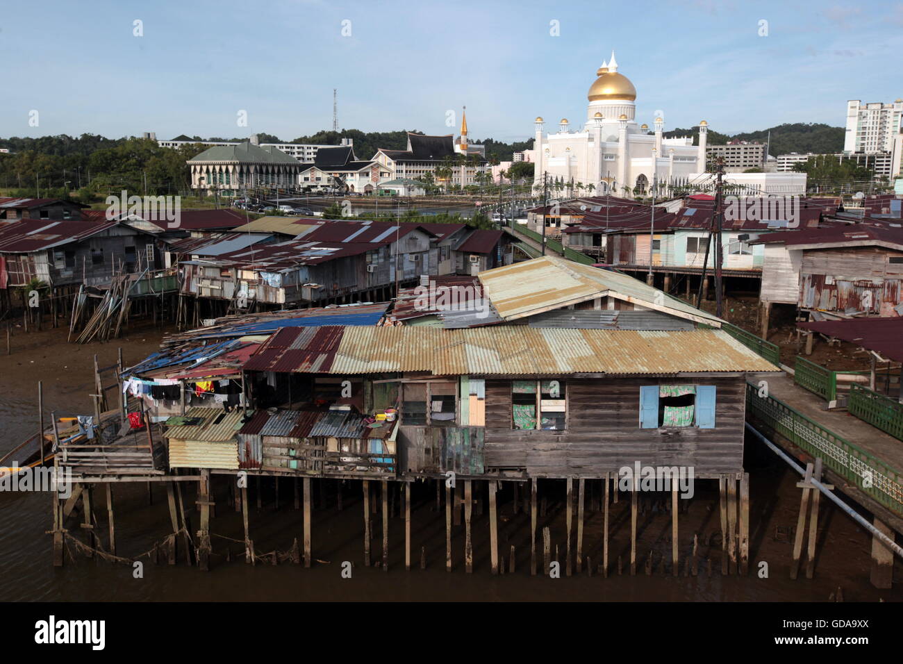 the water village and town of Kampung Ayer in the city of Bandar seri Begawan in the country of Brunei Darussalam on Borneo in S Stock Photo