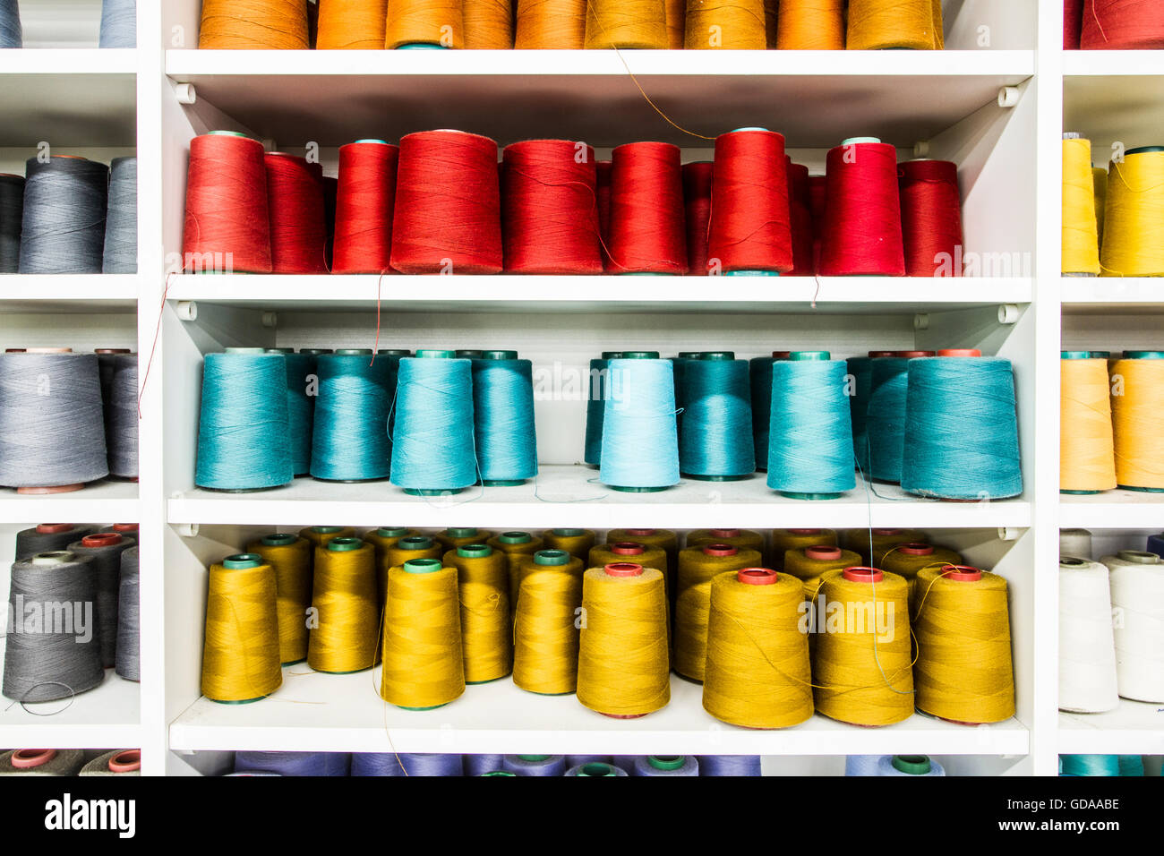 Cotton yarn spools in a textile industry. Blumenau, Santa Catarina, Brazil. Stock Photo
