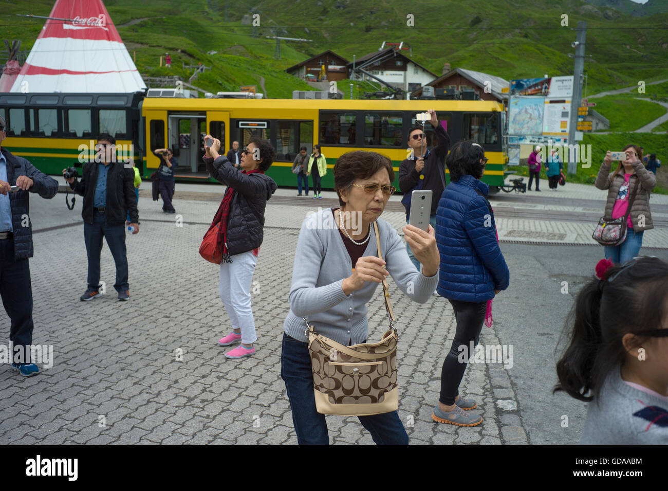 Switzerland. Bernese Oberland. July 2016 Selfie Photographs in the Swiss Alps at Kleine Scheidegg above Grindlewald and Wengen. Stock Photo