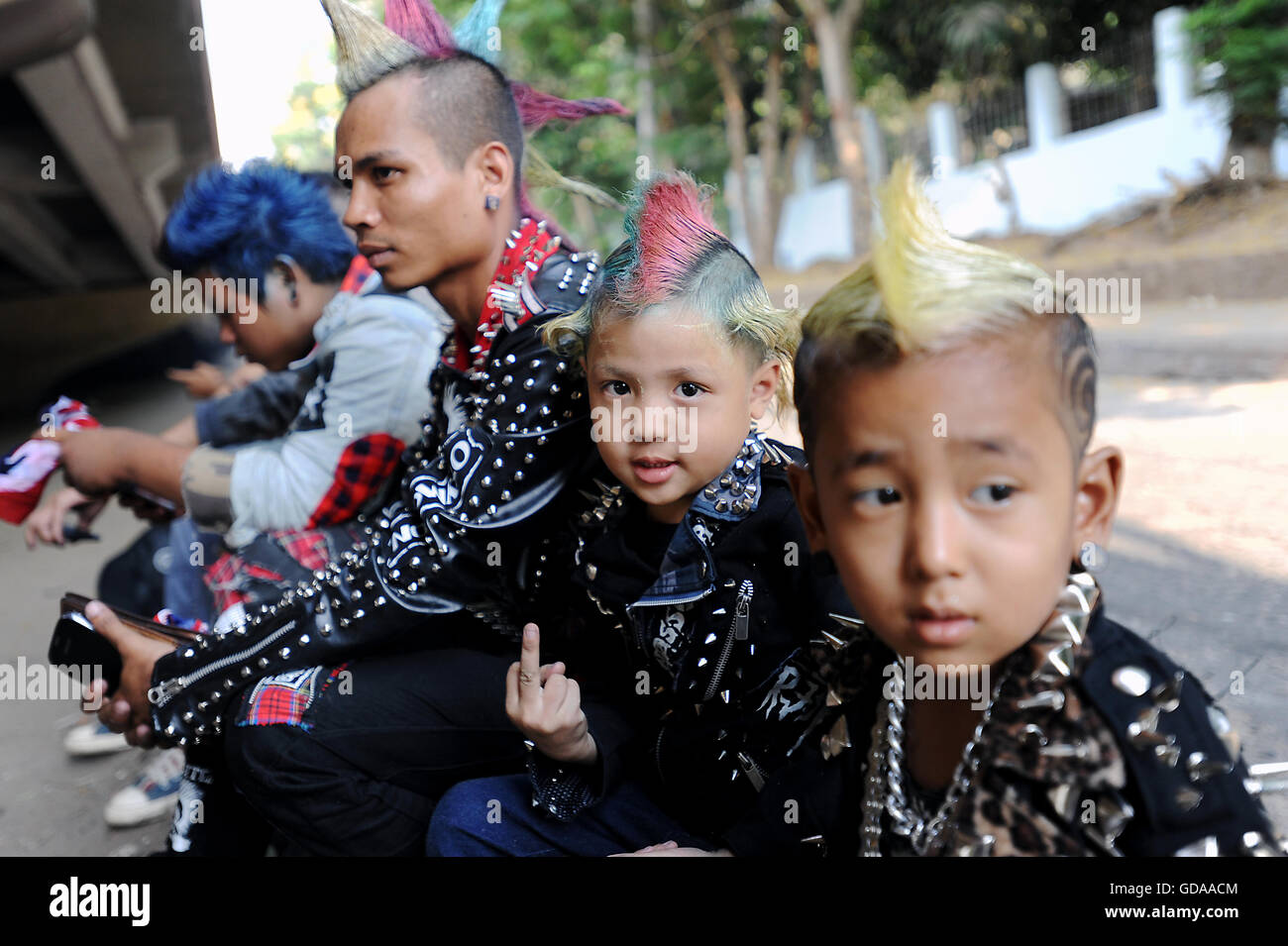 MYANMAR (BURMA), Yangon (Rangoon), April 12, 2014. Burmese punks prior to a punk rock concert in the former Burmese capital. Stock Photo