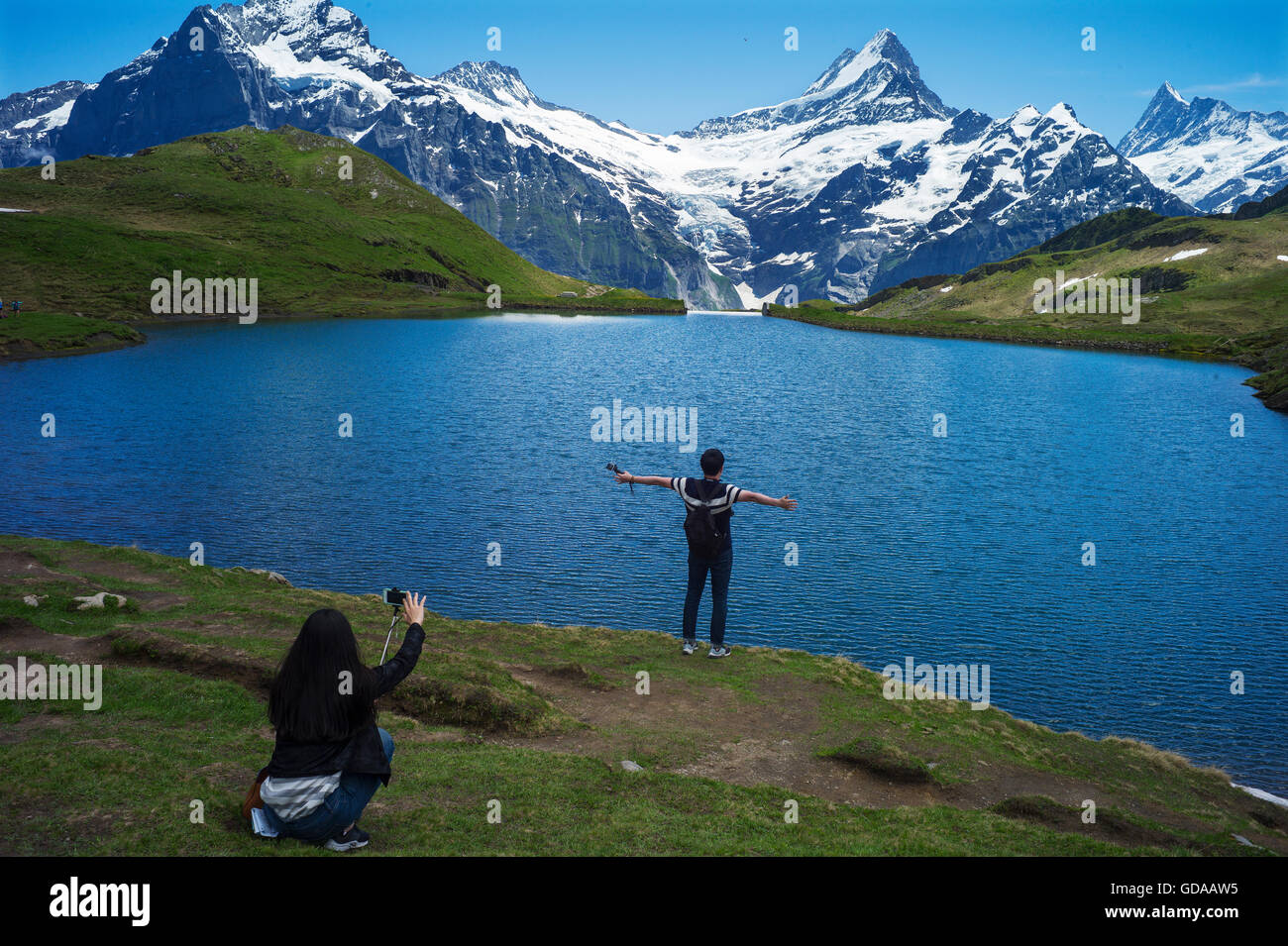 Switzerland. Bernese Oberland. July 2016Walking from FIRST above Grindelwald  in the Swiss Alps to Lake Bachalpsee Stock Photo