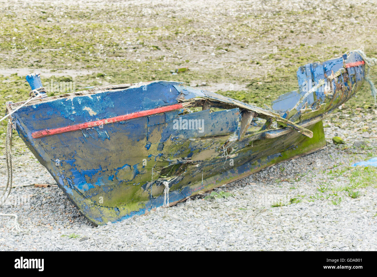 Ireland, Galway, Stranded broken boat, wreck in Galway Stock Photo