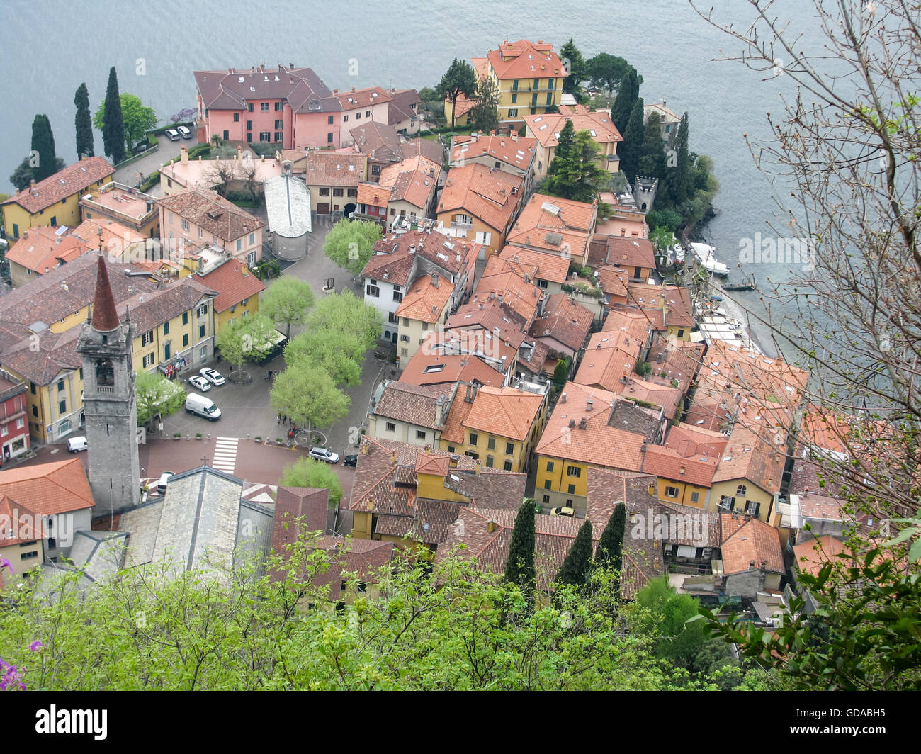 Italy, Lombardy, Provincia di Lecco, View of Varenna from Castello di Vezio Stock Photo
