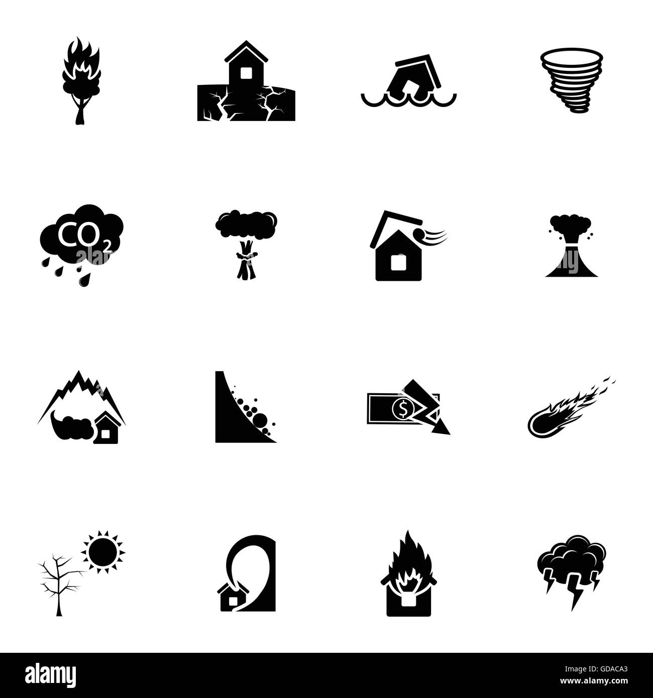 Vector black  disaster icons set Stock Vector