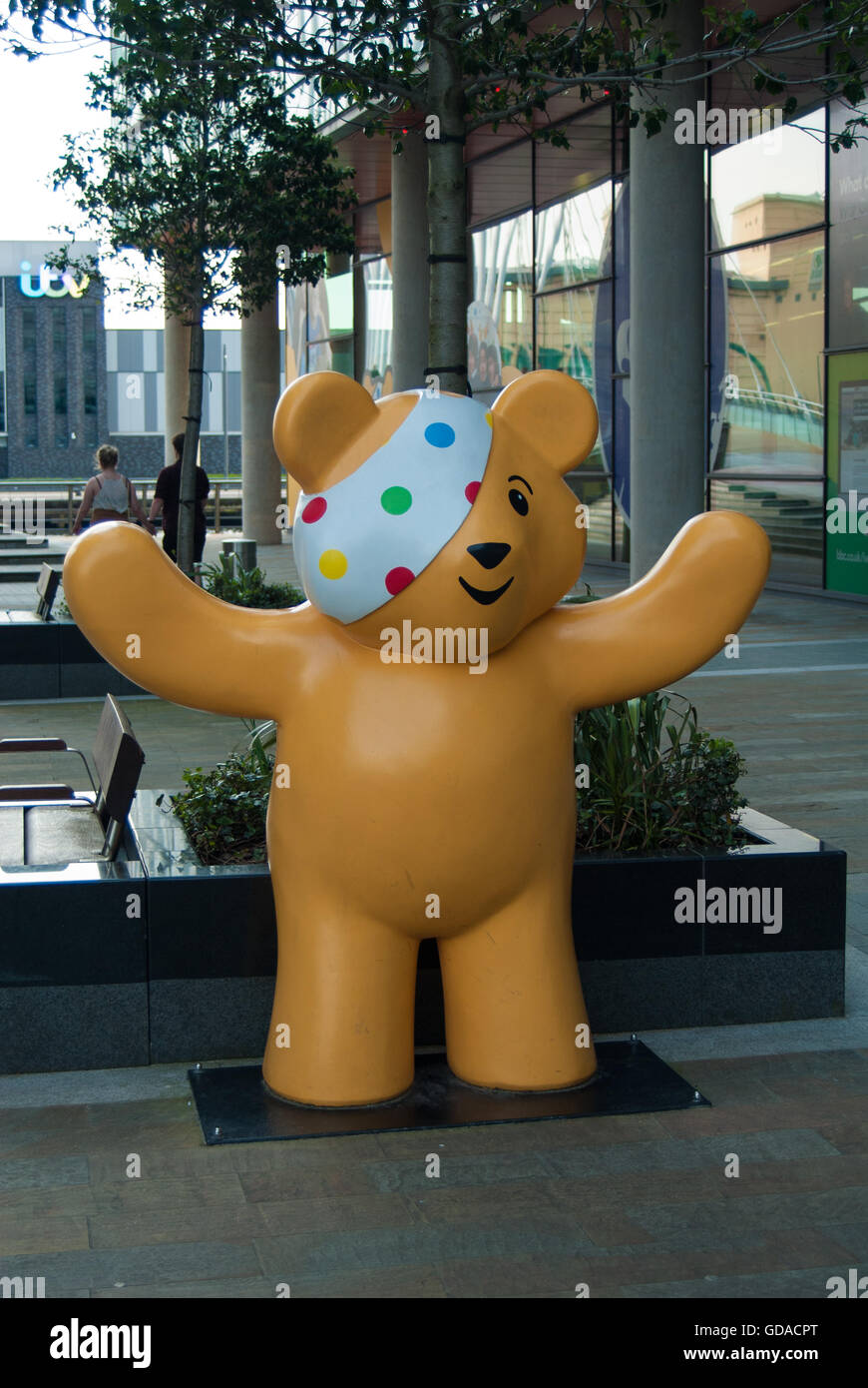 Pudsey Bear Statue outside the BBC building on Salford Quays
