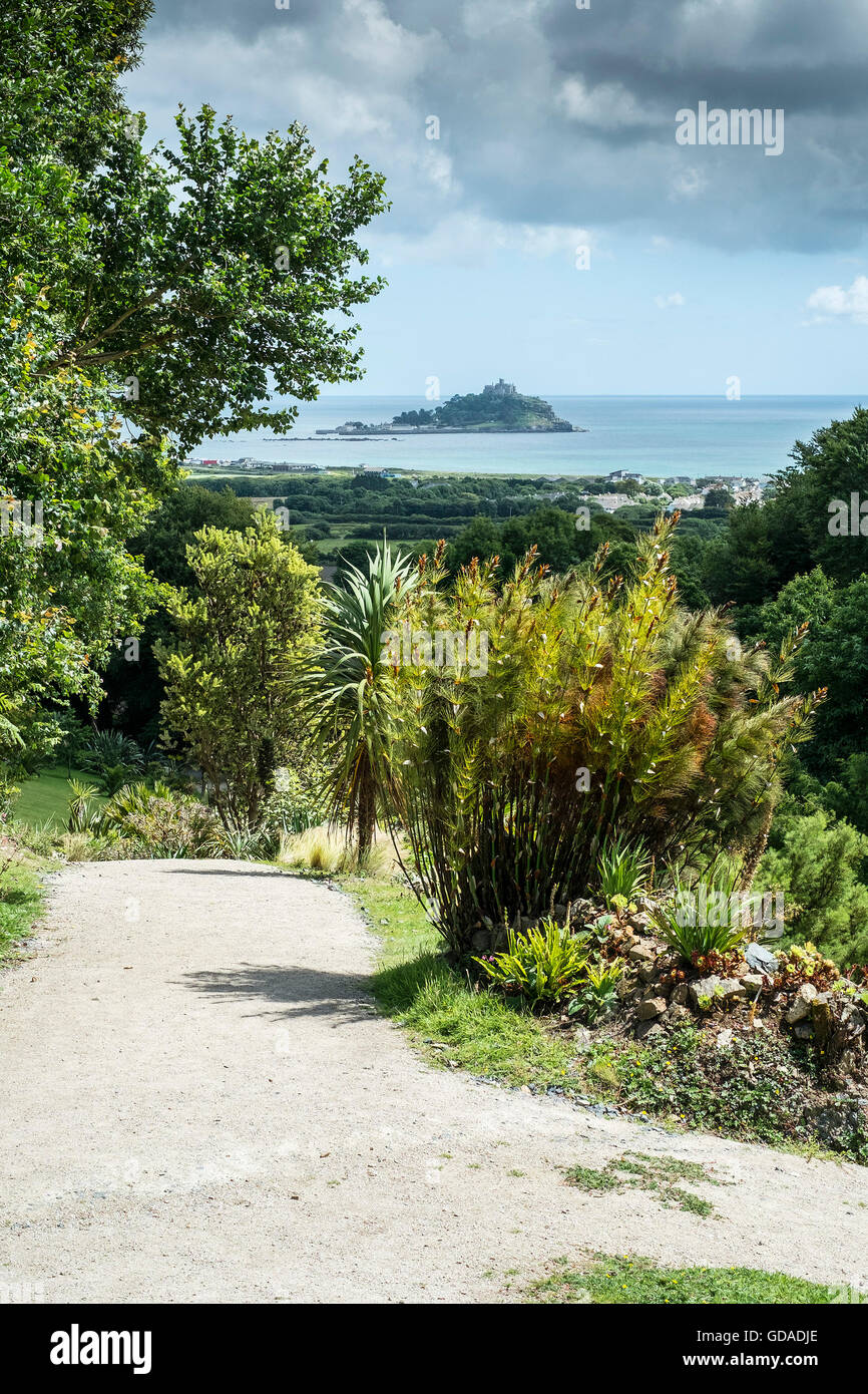 A spectacular view of St Michaels Mount from Tremenheere Sculpture Gardens in Cornwall. Stock Photo