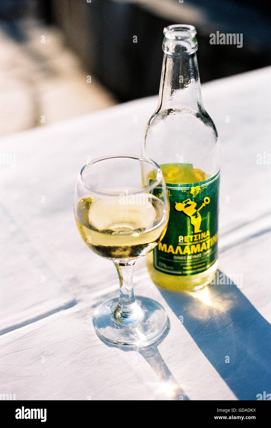 Greece, Makedonia Thraki, Neos Marmaras, bottle of Retsina next to a wine  glass, Retsina, Malamatina Stock Photo - Alamy