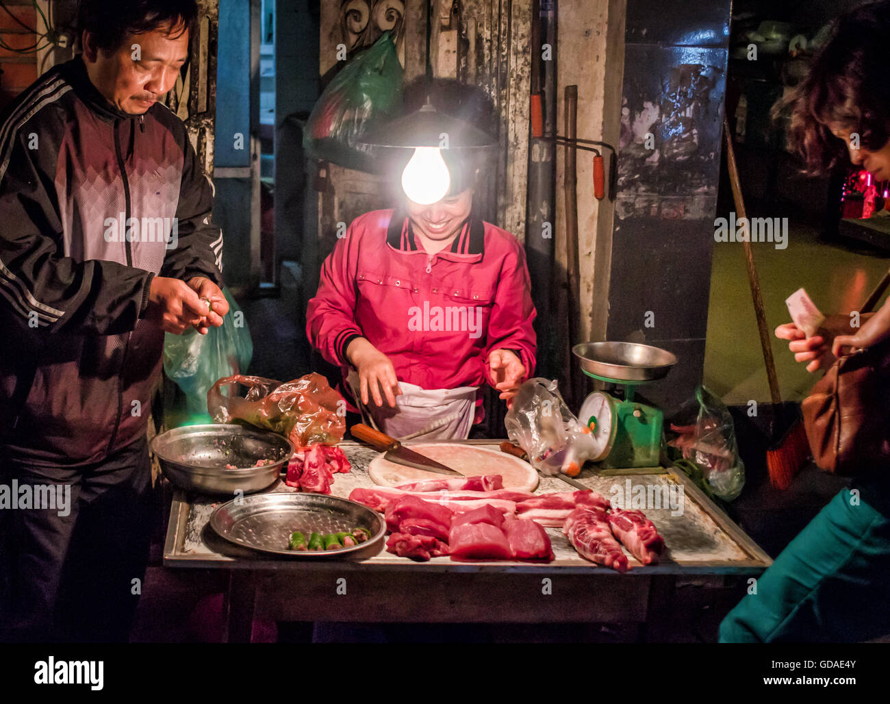 Vietnam, Hanoi, Vietnamese meat trader in Hanoi Stock Photo Alamy