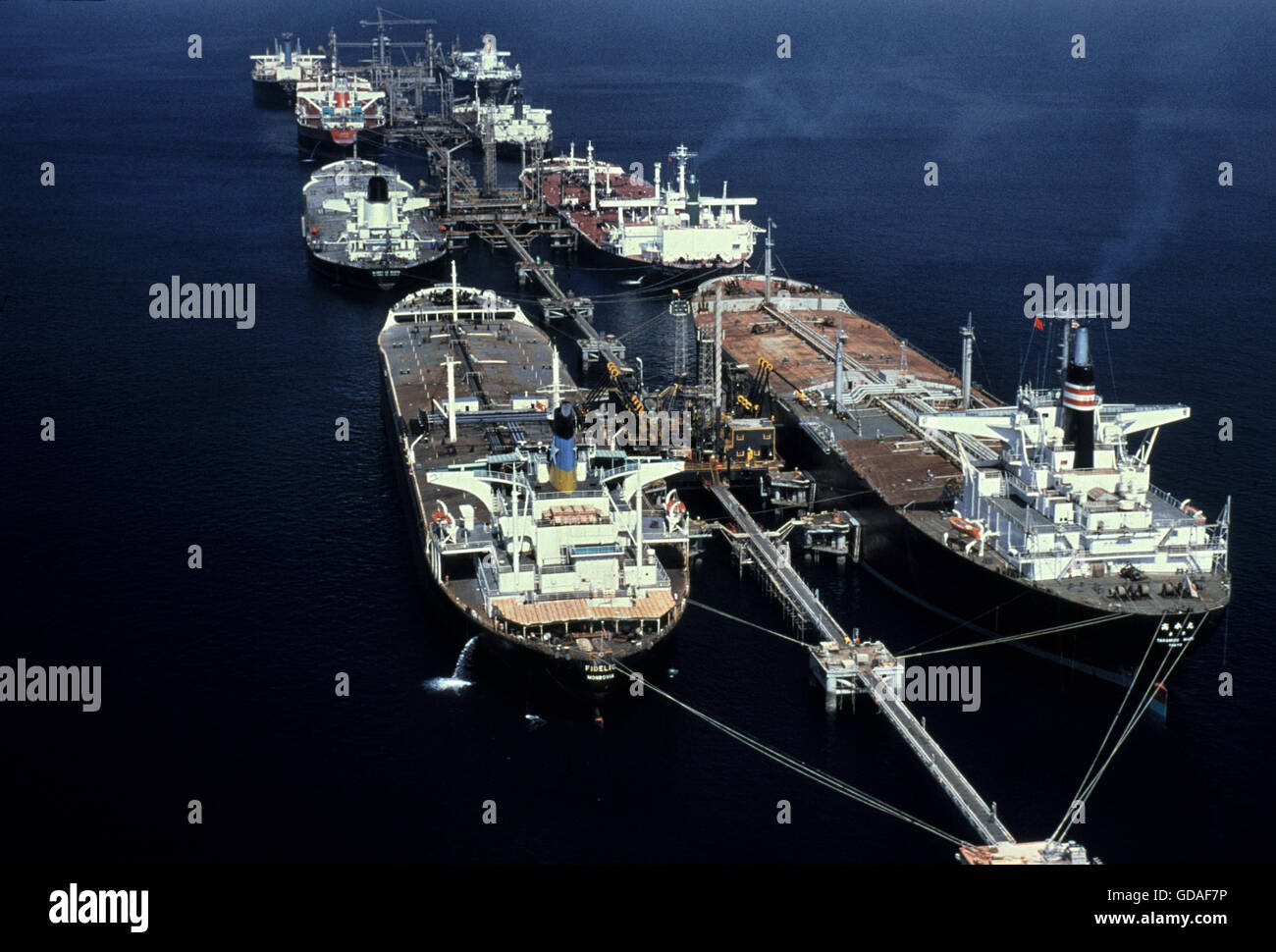 Eight supertankers loading oil off the Persian Gulf coast of Dahran in Saudi Arabia. Middle East. Stock Photo