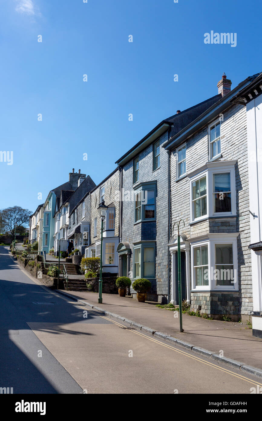 Slate clad houses in Church Street, the main road through Modbury, an